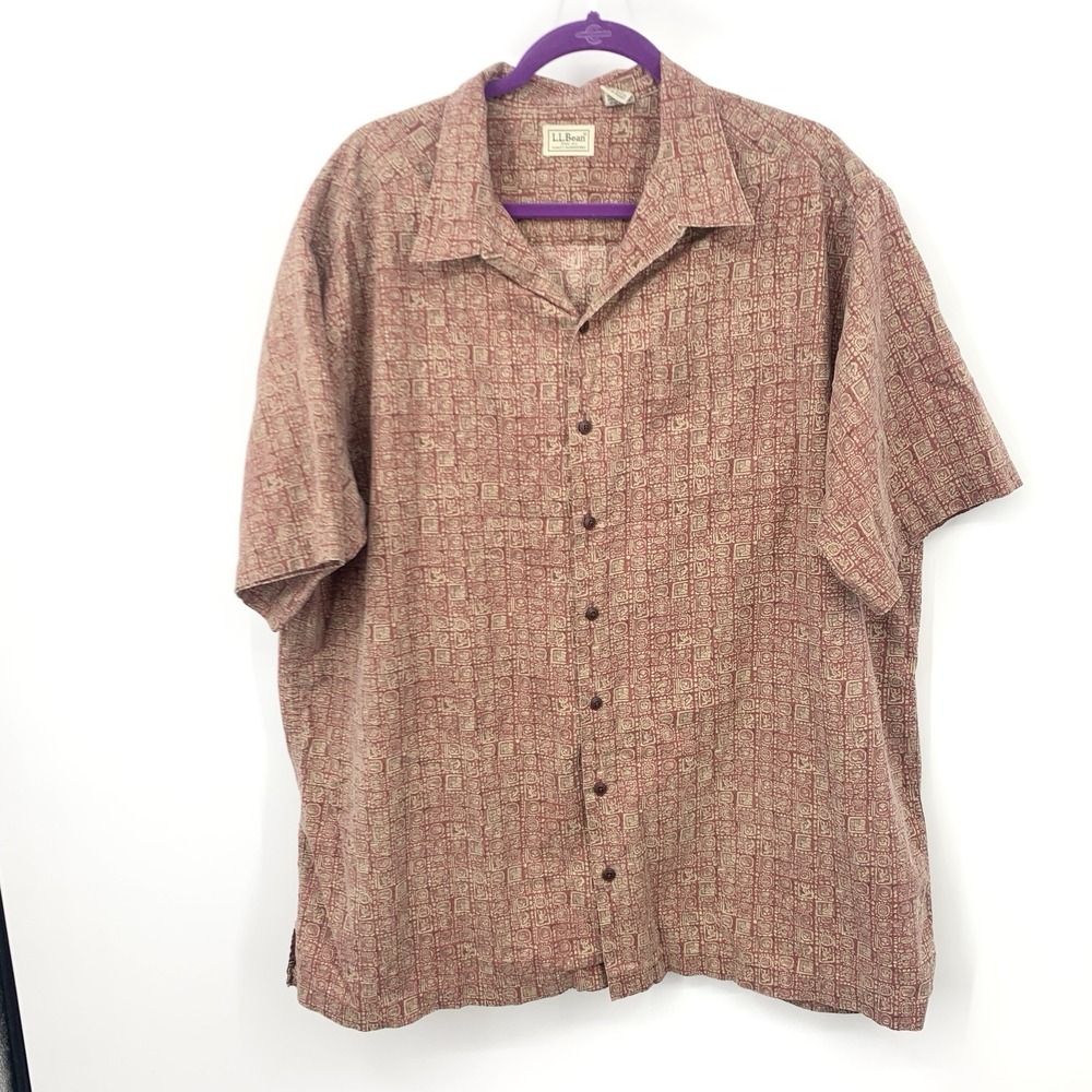 LL Bean Men Size XL TALL Shirt Button Down Top Short Sleeve Brown Red Printed